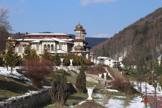 SLANIC MOLDOVA, BACAU, ROMANIA - MARCH 28, 2018: View of old casino and castle hotels, in Slanic Moldova, Romania