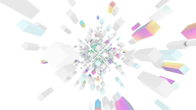 Multicolored cubes and parallelepipeds fly out of the depths of the white screen and fall back like into a well. Seamless loop.