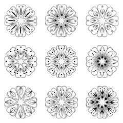 Set of Mehndi flower. decorative ornament in ethnic oriental style. coloring book page. Emblem luxury beauty spa, cosmetics, jewelry, hotel, restaurant. Wedding elegant outline frame. Vintage premium 