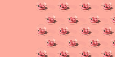 Coronavirus holiday travel bubble. Flamingo in a protective bubble 3D Rendering