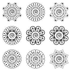 Set of Mehndi flower. decorative ornament in ethnic oriental style. coloring book page. Emblem luxury beauty spa, cosmetics, jewelry, hotel, restaurant. Wedding elegant outline frame. Vintage premium 