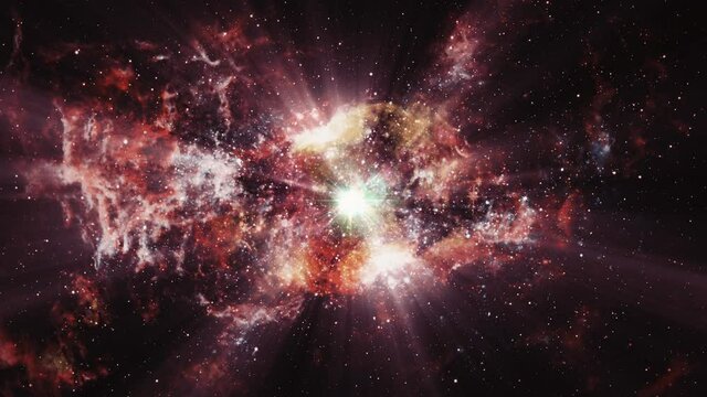 Abstract Sci-Fi traveling through star fields in deep space nebula loop background with glowing star. 4K 3D seamless looping camera flying through clouds and star field in outer space like heaven.