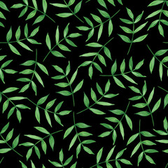 Green leaves on a black background. Seamless pattern. Simple botanical templates. Watercolor illustration. For printing on fabric, packaging design.
