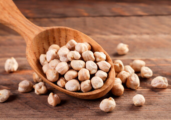 Dry chickpeas in a wooden spoon on a wooden background