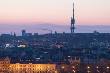Fototapeta premium Scenic view of Prague city, Czech Republic in historical center of Prague, buildings and monuments of the dusk. A beautiful and romantic evening.