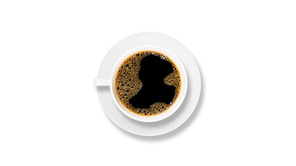 photos of black coffee in a white cup from above that separate the white background. isolated photo