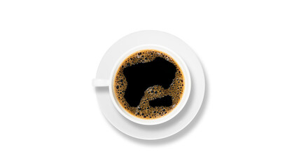 photos of black coffee in a white cup from above that separate the white background. isolated photo