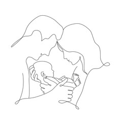 Vector one line art illustration of family portret. Lineart mother, father and holding a new born baby