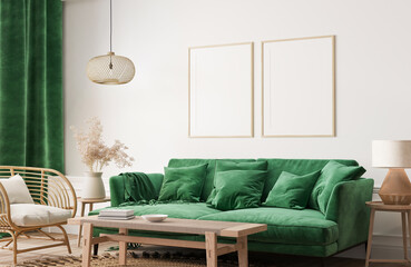 Home interior with poster frame mockup, green comfortable sofa on white wall with wooden furniture, 3d render