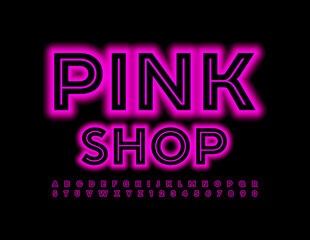 Vector glamour Sign Pink Shop. Neon glowing Font. Electric led Alphabet Letters and Numbers set