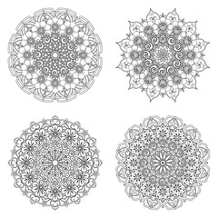 Set of Mehndi flower. decorative ornament in ethnic oriental style. coloring book page. Emblem luxury beauty spa, cosmetics, jewelry, hotel, restaurant. Wedding elegant outline frame. Vintage premium 