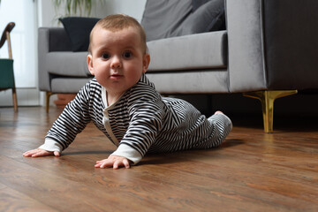 Naklejka premium baby crawling on the floor at home,