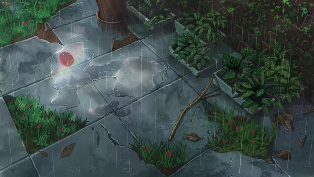 anime background rainy day in a abandon place red balloon reflected in the water.
