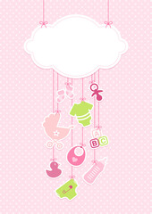 Karte Hängende Wolke Und Babysymbole Mädchen Pink Grün Punkte