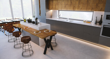 modern wooden and gray bar kitchen 3d rendering	
