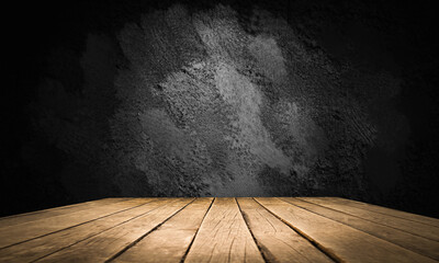 image of a wooden table on an abstract dark background with light in the center