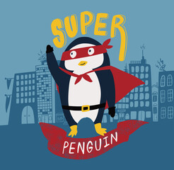 Superhero penguin city justice vector illustration penguin kid print card children's clothing poster sticker cartoon comic