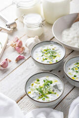 Traditional summer cold soup of homemade yogurt, cucumbers and fresh herbs on a table