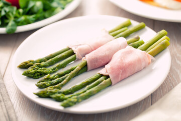 Ham rolls with asparagus. High quality photo.
