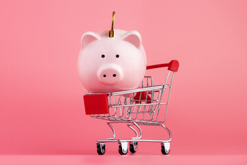 Pink piggy Bank with a shopping cart and a coin stands on a pink background. Online business shopping concept