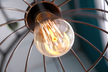 Stylish metallic pendant lamp with Edison light bulb indoors, closeup