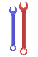 Kolorowe klucze płaskie oczkowe widok 3D pionowo. Dwa klucze płaskie czerwony i niebieski. Wysokie szczegóły. - obrazy, fototapety, plakaty