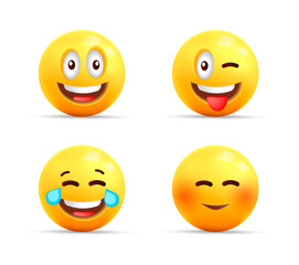Smiley face 3d icons or yellow symbols with happy expressions, spheric characters laughing, shy and with tongue