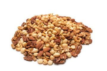 Mix of nuts isolated on white background. Top view.