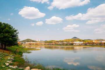 Fototapeta na wymiar Hwarang Recreation Area park at spring in Ansan, Korea
