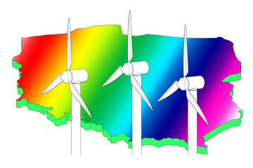 Turbiny wiatrowe na tle zarysu mapy Polski kolorowego w wersji 3D.