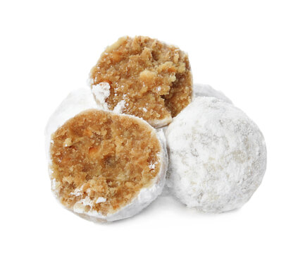 Pile of Christmas snowball cookies on white background