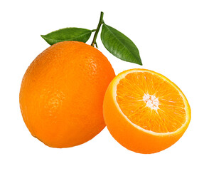 Juicy oranges with leaves isolated on white background with clipping path