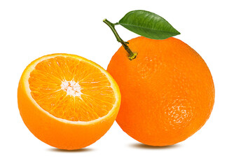 Juicy oranges with leaves isolated on white background with clipping path