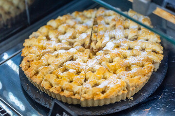 Classic apple pie in display window