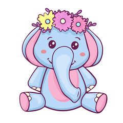 Cute cartoon baby elephant sitting with flowers. Funny mascot. Animal character. Funny kids vector illustration.