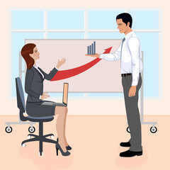 A team of businessmen discusses the profit indicators.