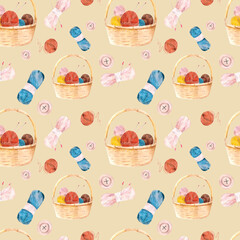 Watercolor illustration. Seamless pattern on beige background from skeins of yarn for knitting, baskets. Knitting balls with knitting needles in brown and yellow shades.