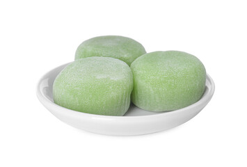 Plate with delicious mochi on white background. Traditional Japanese dessert