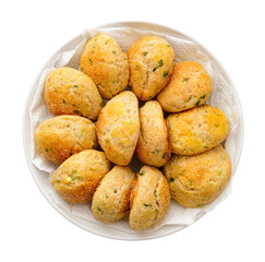 Steam buns with leeks and garlic, homemade pastries, freshly baked buns on a plate, isolated on a white background