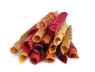 Delicious fruit leather rolls on white background