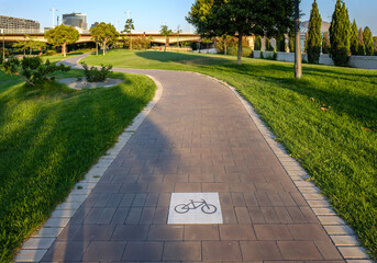 Road sign on the cycleway, bikeway for cyclists, bike lane