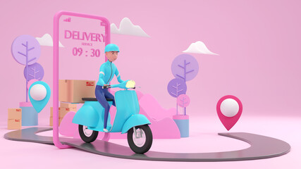 Cute Delivery staff Take the parcel. 3D rendering. 3D Character.