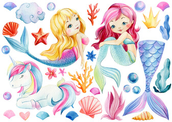 Obraz na płótnie Canvas mermaids and unicorn on isolated white background. Watercolor illustration, childrens poster