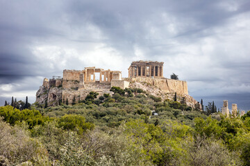 Fototapeta na wymiar Athens, Greece, Acropolis hill, cloudy sky background