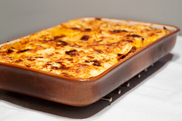 Lasagne alla Bolognese, Baked with Meat Ragu on a White Plate Served as a Whole Family Style