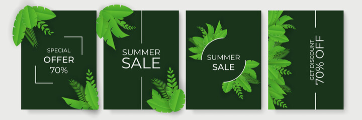 Summer sale banner with paper cut wave and tropical leaves background, exotic floral design for banner, flyer, invitation, poster, web site or greeting card. Paper cut style, vector illustration