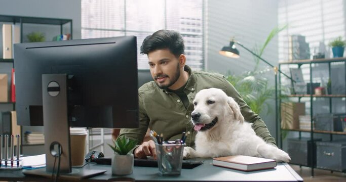 Young handsome Hindu guy sits in office with his big Labrador Retriever dog and works on computer completing task.