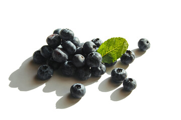 Blueberry with mint leaf isolated on white background. Place for text, advertisement, postcard.