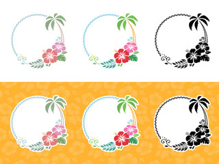 ハイビスカスとヤシの木の飾り枠_丸いフレーム_イラスト素材セット © ふわぷか