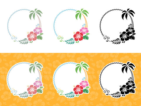 ハイビスカスとヤシの木の飾り枠 丸いフレーム イラスト素材セット Stock Vector Adobe Stock